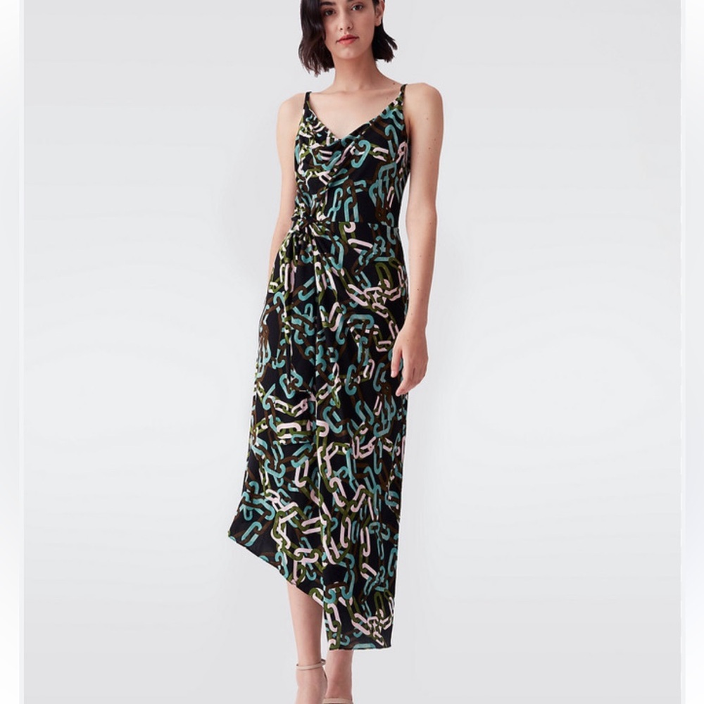 Diane von Furstenberg Amy Matte-Jersey Asymmetrical Slip Dress Size L High Low